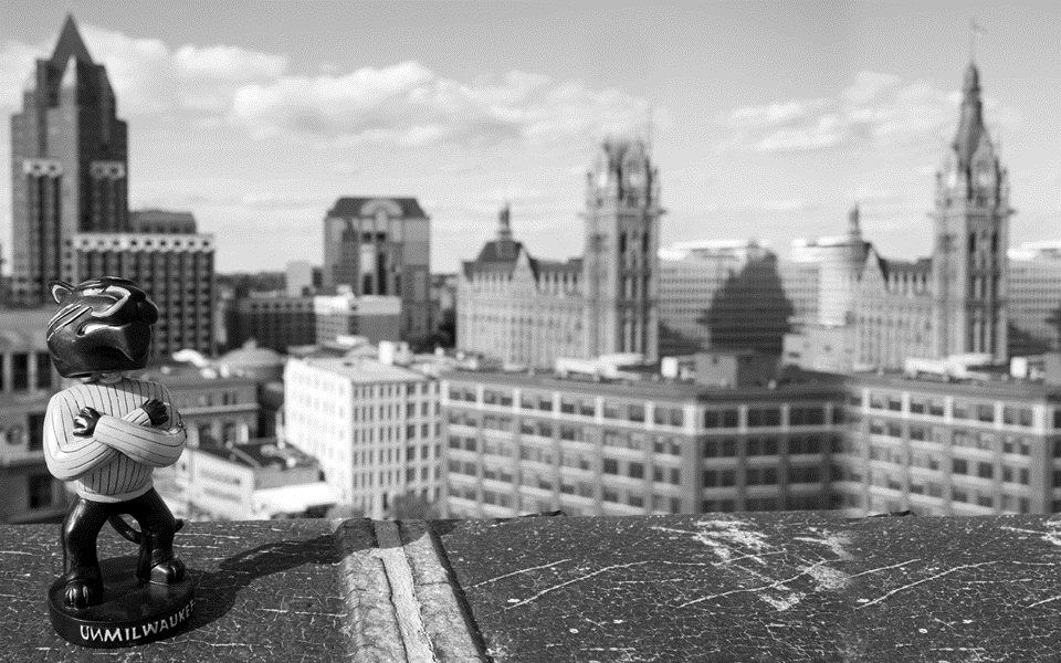 UW-Milwaukee Panther overlooking Milwaukee skyline