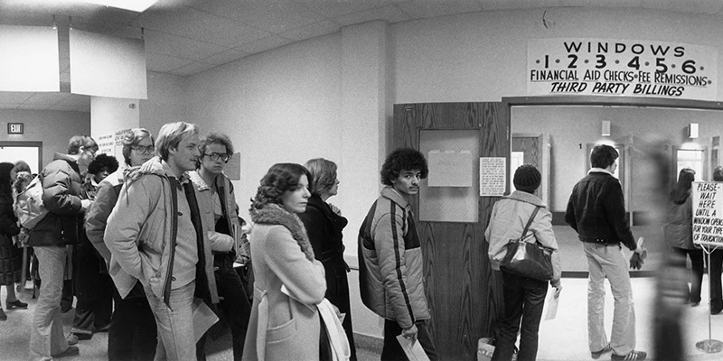 Archive photo of students standing in line to register for classes