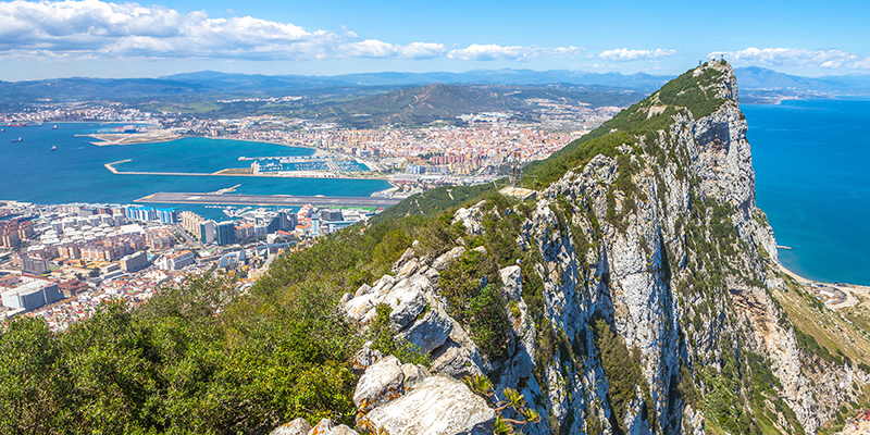 The Rock of Gibraltar with a view of the city below.