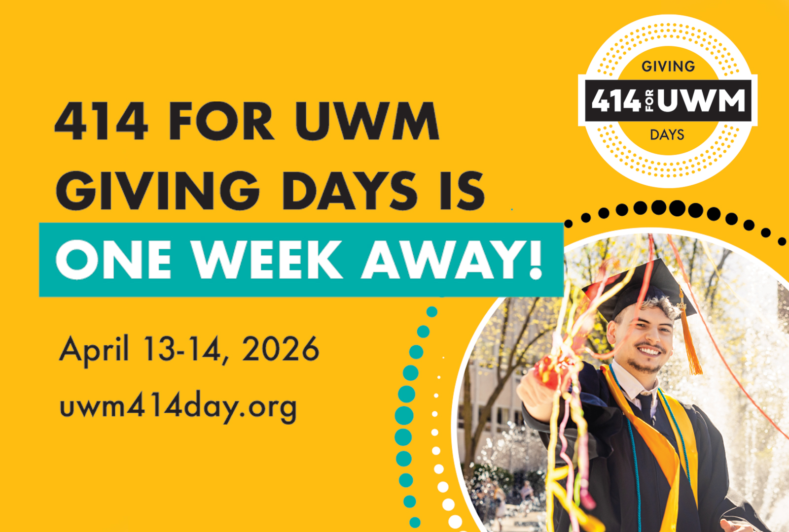 414 for UWM Giving Day social media graphic. Text: 414 for UWM Giving Day is One Week Away! April 13-14, 2026. uwm414day.org.