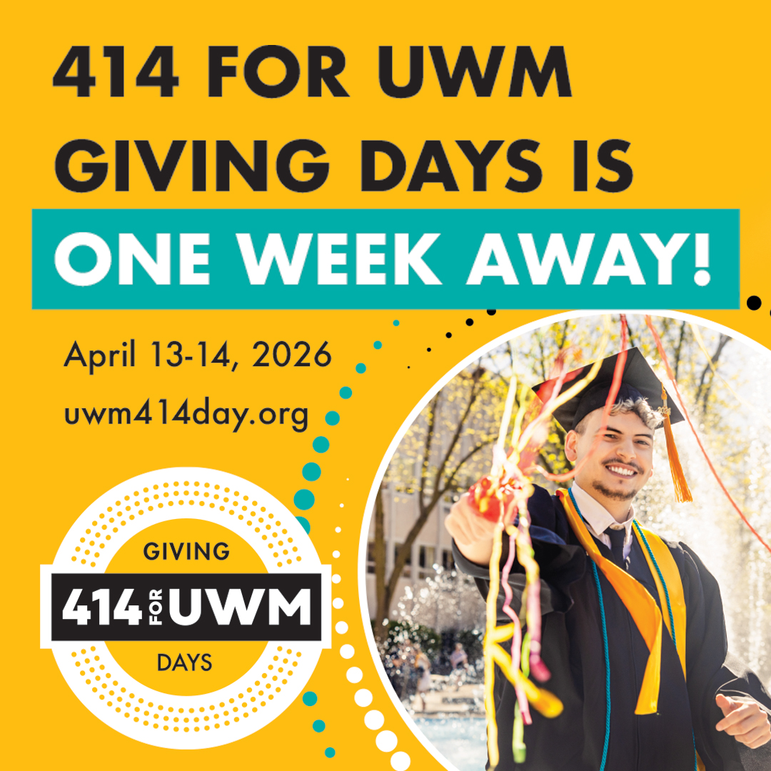 414 for UWM Giving Day social media graphic. Text: 414 for UWM Giving Day is One Week Away! April 13-14, 2026. uwm414day.org.