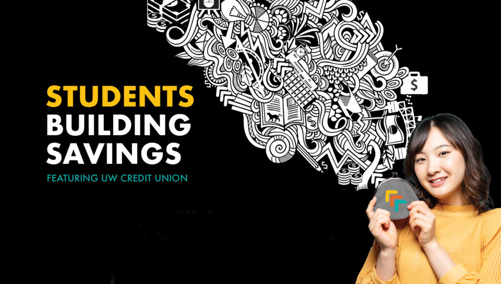 Students Building Savings event graphic. Women holding pouch and illustrated items appear to be coming out of it.