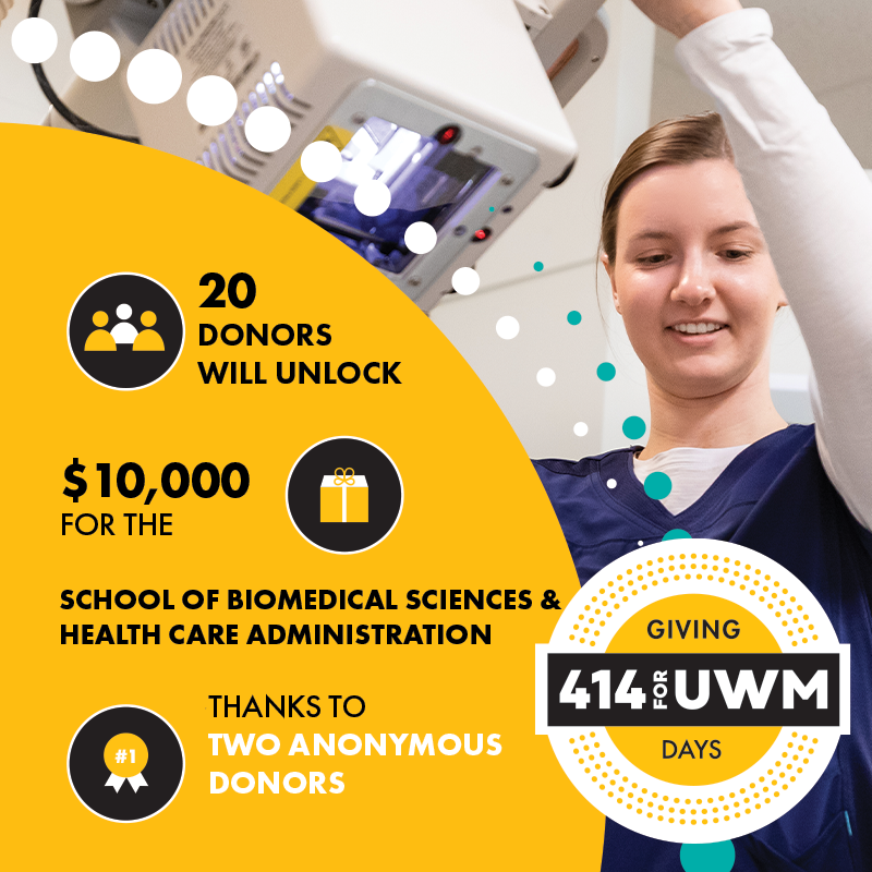 414 Giving Day Challenge Graphic for the School of Biomedical Sciences and Health Care Administration