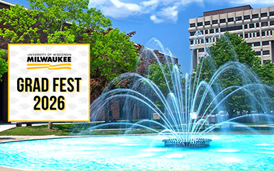 Grad Fest 2026 event graphic featuring the UWM Fountain