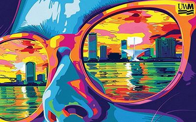Artistic illustration of a woman wearing sunglasses with the city of Milwaukee in the reflection of her glasses