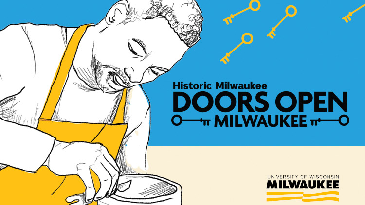 UWM Doors Open Milwaukee event graphic with an illustration of a man working on clay