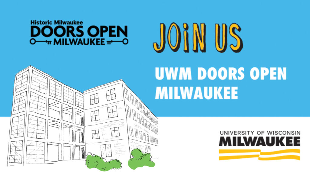UWM Doors Open Milwaukee event graphic with an illustrated drawing of a campus building and the UWM and Doors Open Milwaukee logos