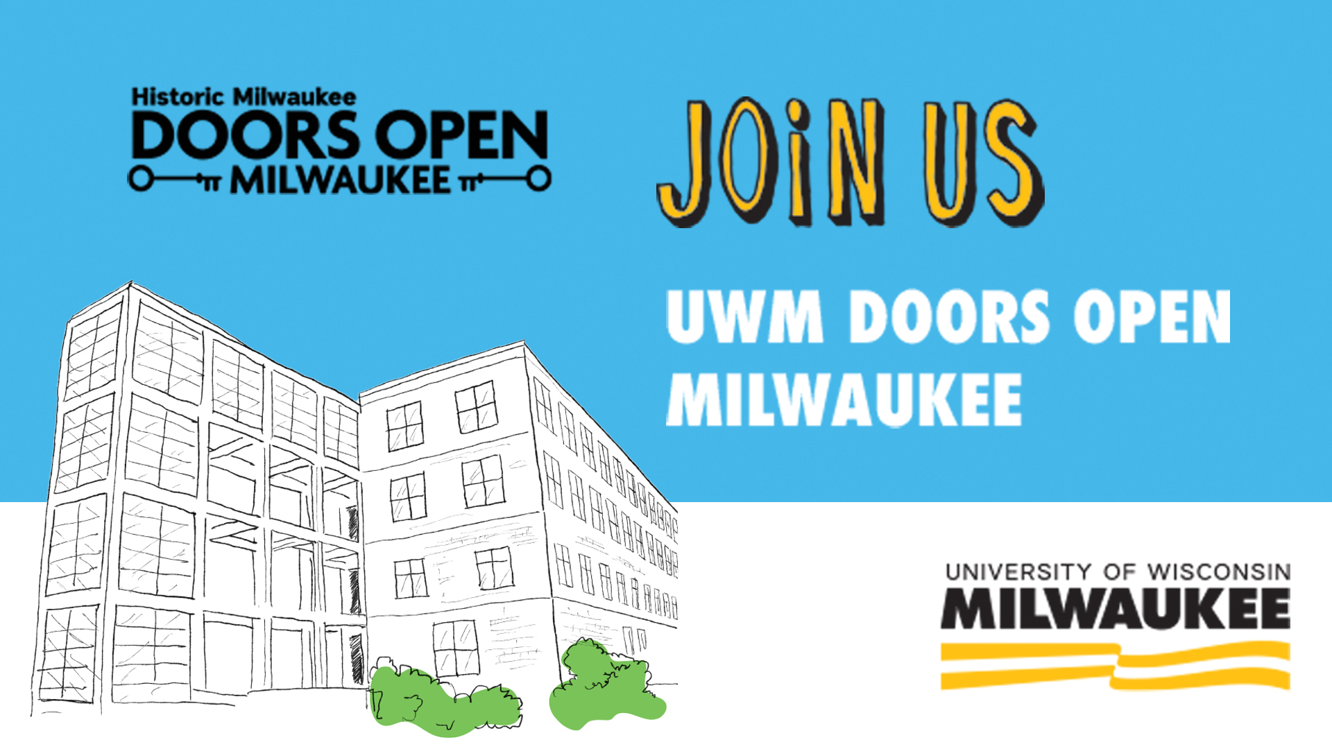 UWM Doors Open Milwaukee event graphic with an illustrated drawing of a campus building and the UWM and Doors Open Milwaukee logos