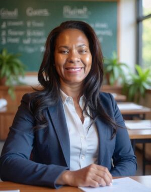 Dr. Andrea Carter-Robin, educator, author, and literacy leader, seated in a classroom.