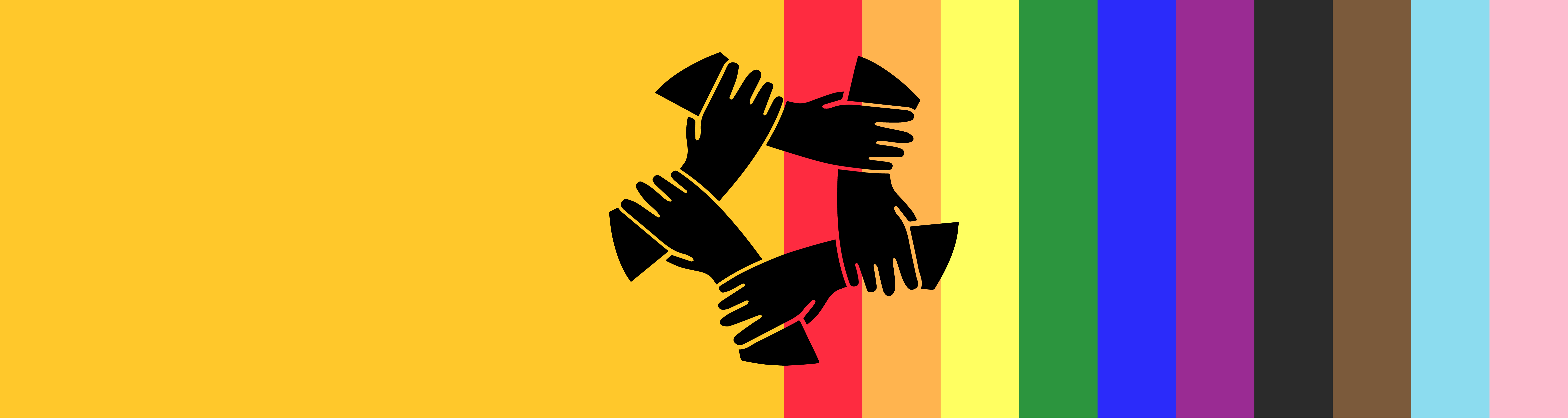 Banner for Inclusive Teaching Towards Justice, with a circular emblem with a beige background featuring stylized hands interlocking in a pentagonal formation at the wrists. Behind the hands are vertical stripes in various colors, symbolizing inclusion, unity and teamwork.