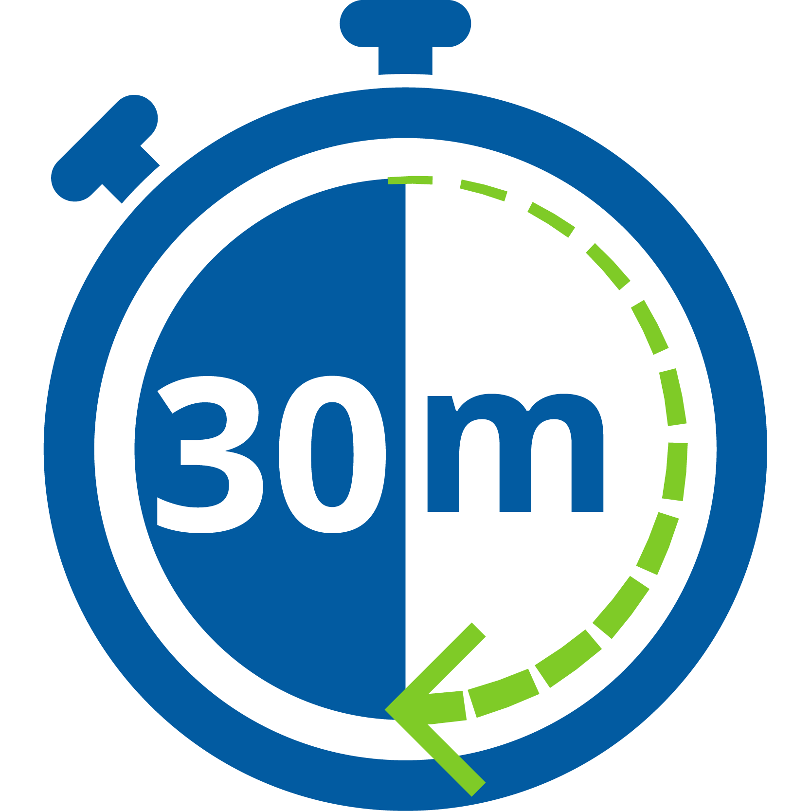 A graphic of a stopwatch. The stopwatch has ‘30m’ written in bold in the center. A green arrow forms a semi-circle around the right half of the stopwatch, suggesting movement or progression of time.