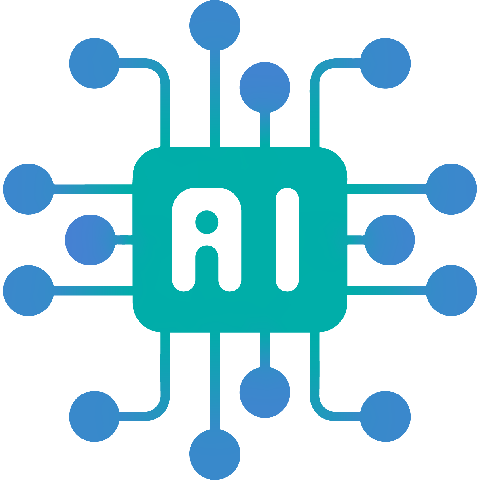 Graphic representing AI, featuring a microchip with connected nodes and the letters 'AI' in the center.