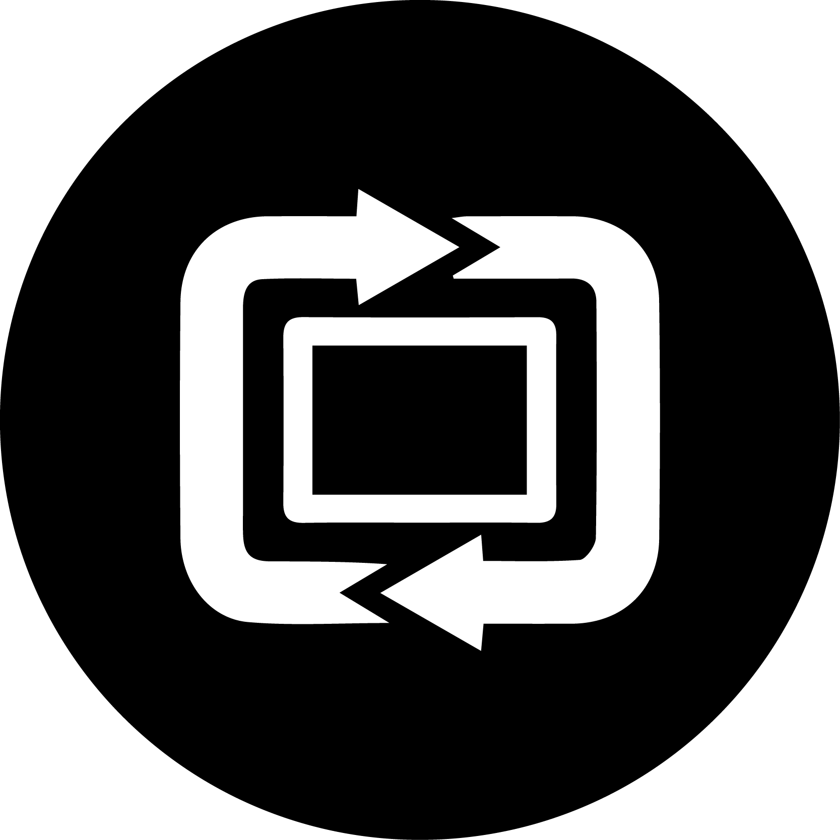 A black-and-white Revolution Lightboard Logo, depicted by a plain board set within arrows going clockwise.