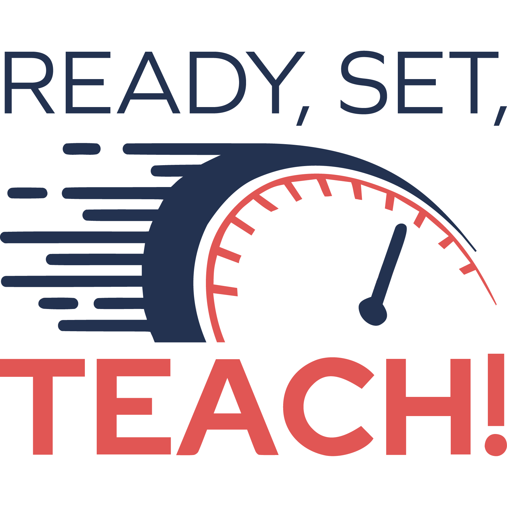 Logo for the 'Ready, Set, Teach!' workshop series featuring a stylized speedometer with motion lines, symbolizing acceleration and progress in teaching.