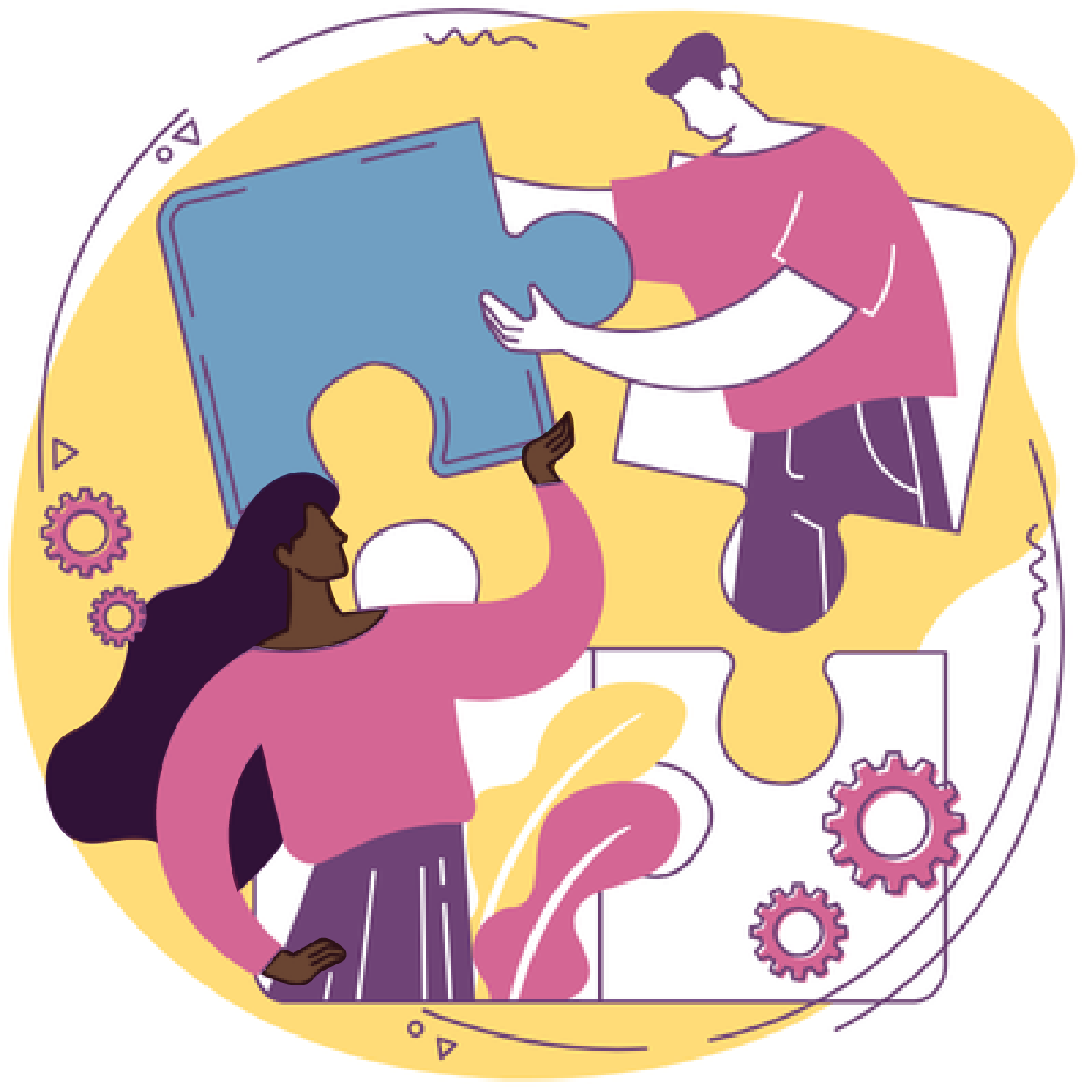 A graphic of two people putting together a puzzle while gears float around them. Them working to problem solve, represents conflict transformation.