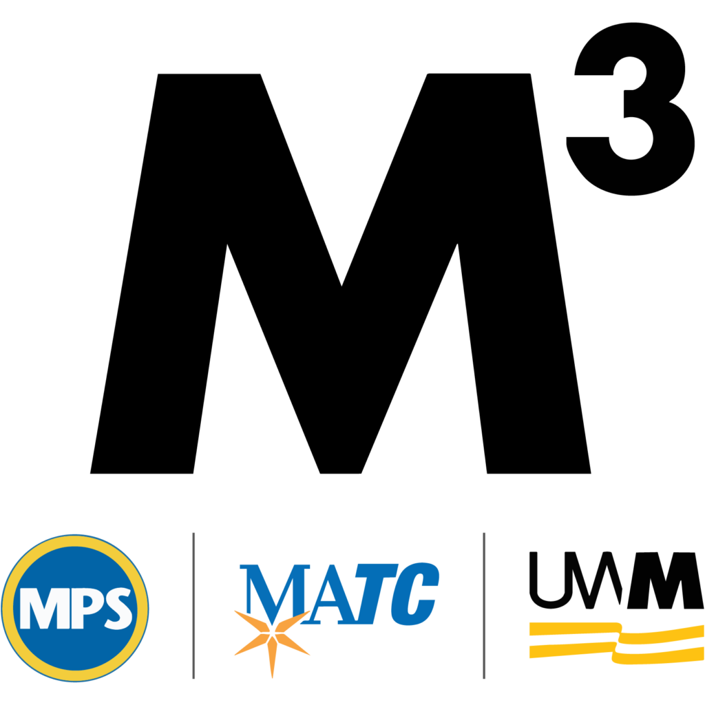 A simple bold, black logo displaying M-cubed, the initiative. The logos of the collaborating entities: Milwaukee Public School, Milwaukee Area Technical College, and UW-Milwaukee are placed below it.