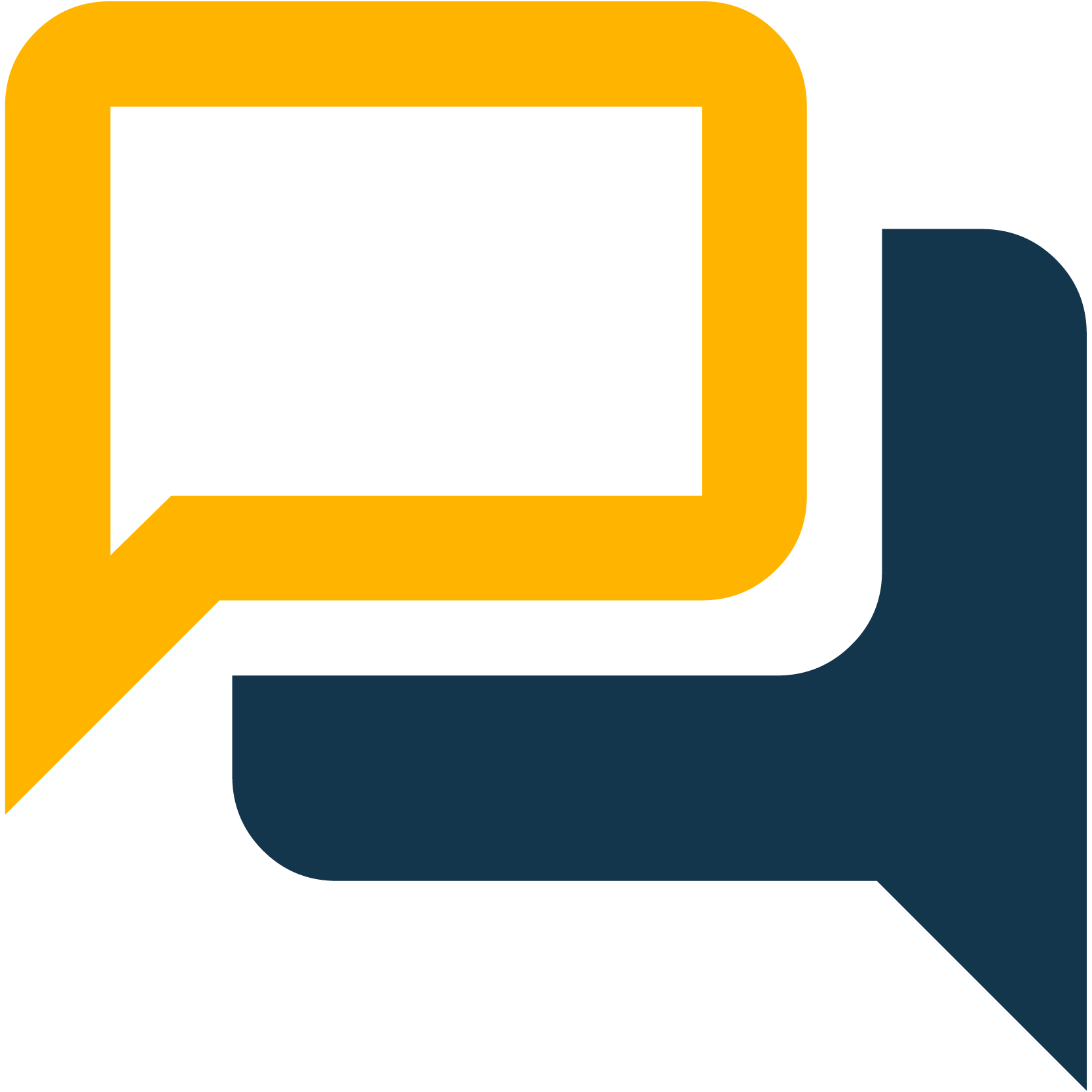 A logo featuring the outlines of two overlapping speech bubbles, one in yellow and the other in dark blue.
