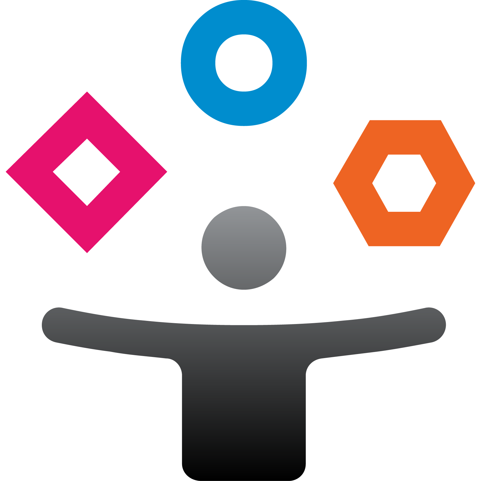 A "Show and Tell" graphic featuring a grey figure with outstretched arms, with the outlines of a blue circle, a pink diamond, and an orange hexagon above the figure.