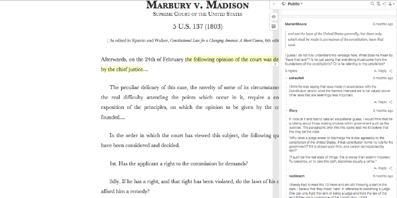 Example of Hypothes.is being used to review Marbury v. Madison Supreme Court case.