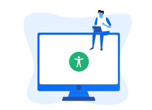 A blue character sitting on top of a computer monitor with the DocAccess logo