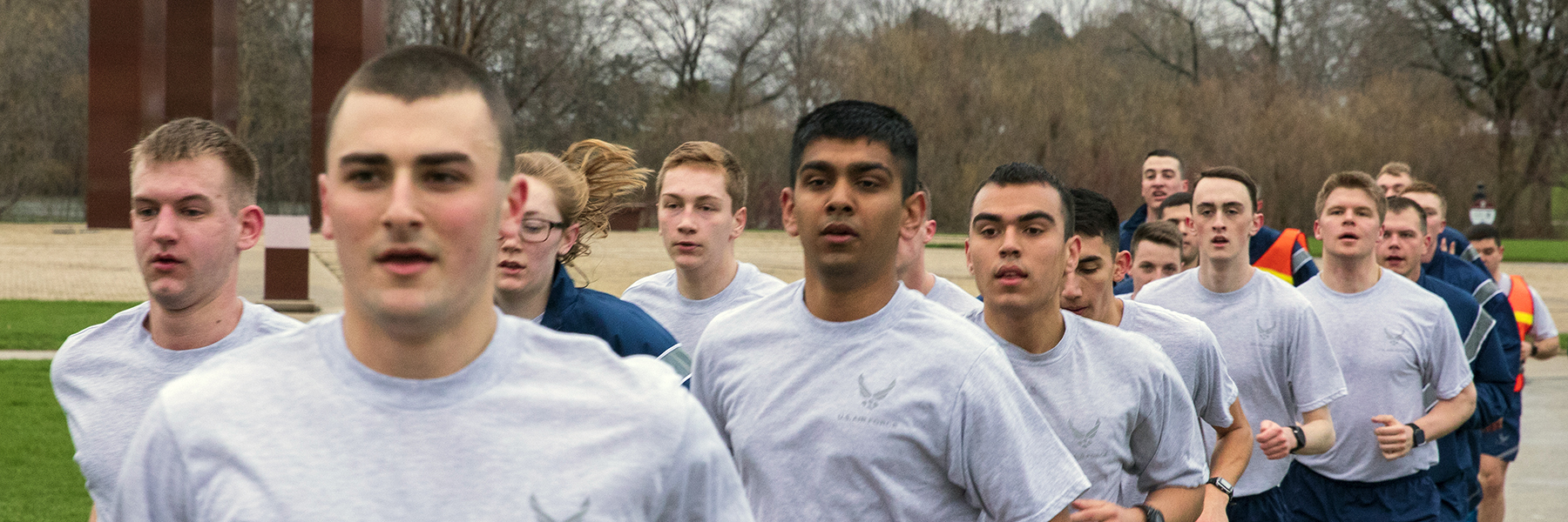 Air Force ROTC cadets running past the Vietnam Veterans Memorial on Milwaukee's lakefront.