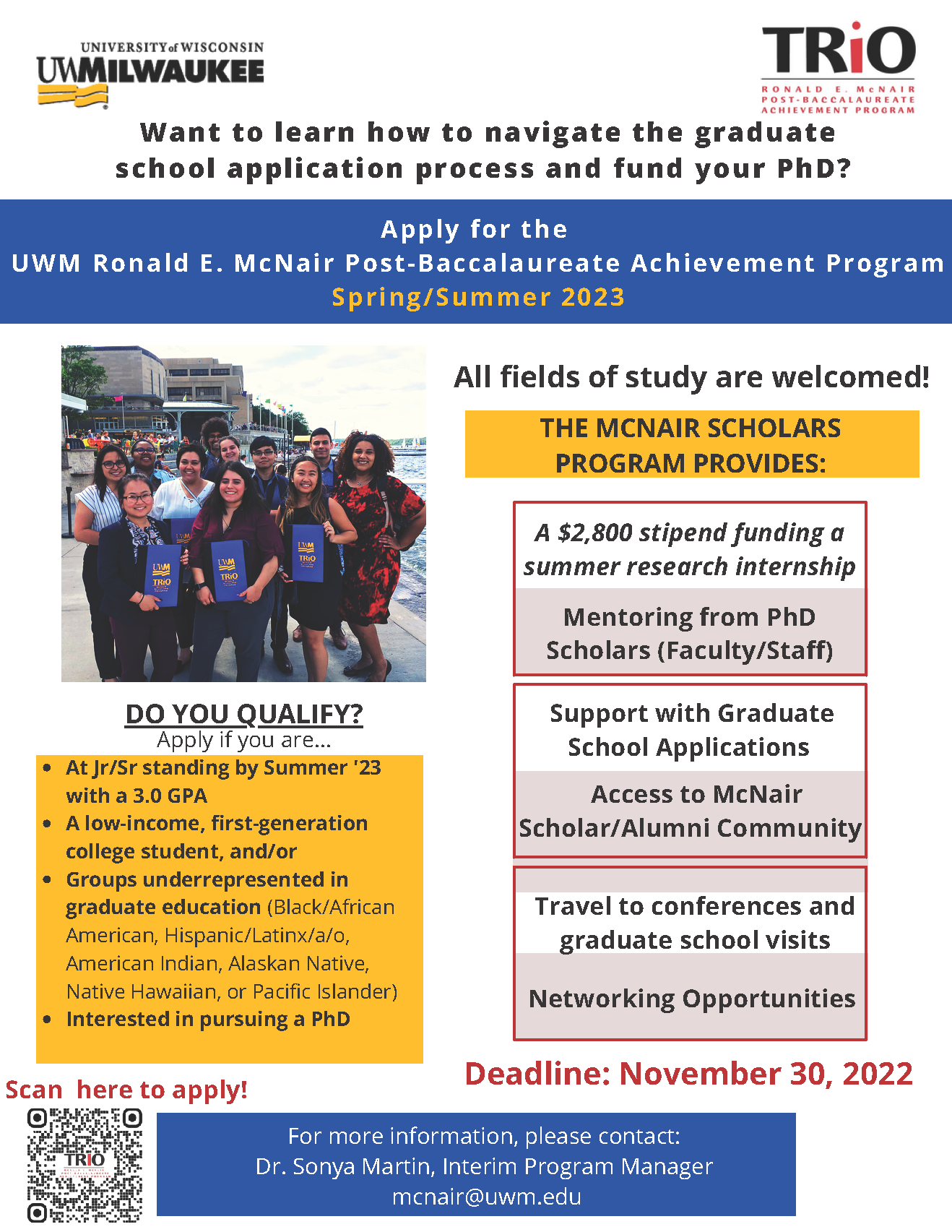 Flyer with information about the UWM Ronald E. McNair Achievement Program for Spring/Summer 2023