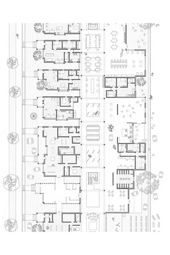 Detailed architectural floor plan showing multiple rooms arranged along a central outdoor corridor, with furniture layouts, trees, and communal spaces.