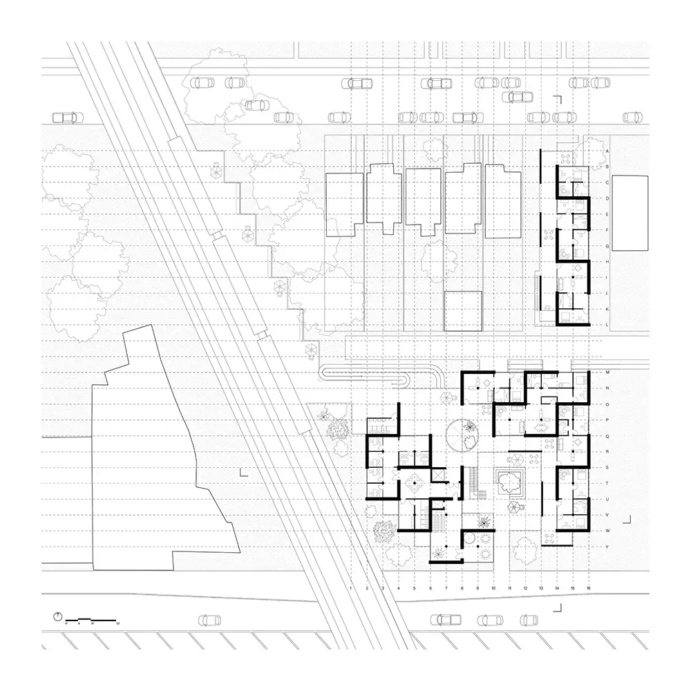 Site plan drawing showing an urban block with streets, cars, trees, and multiple building footprints, with several clustered residential units outlined in bold.