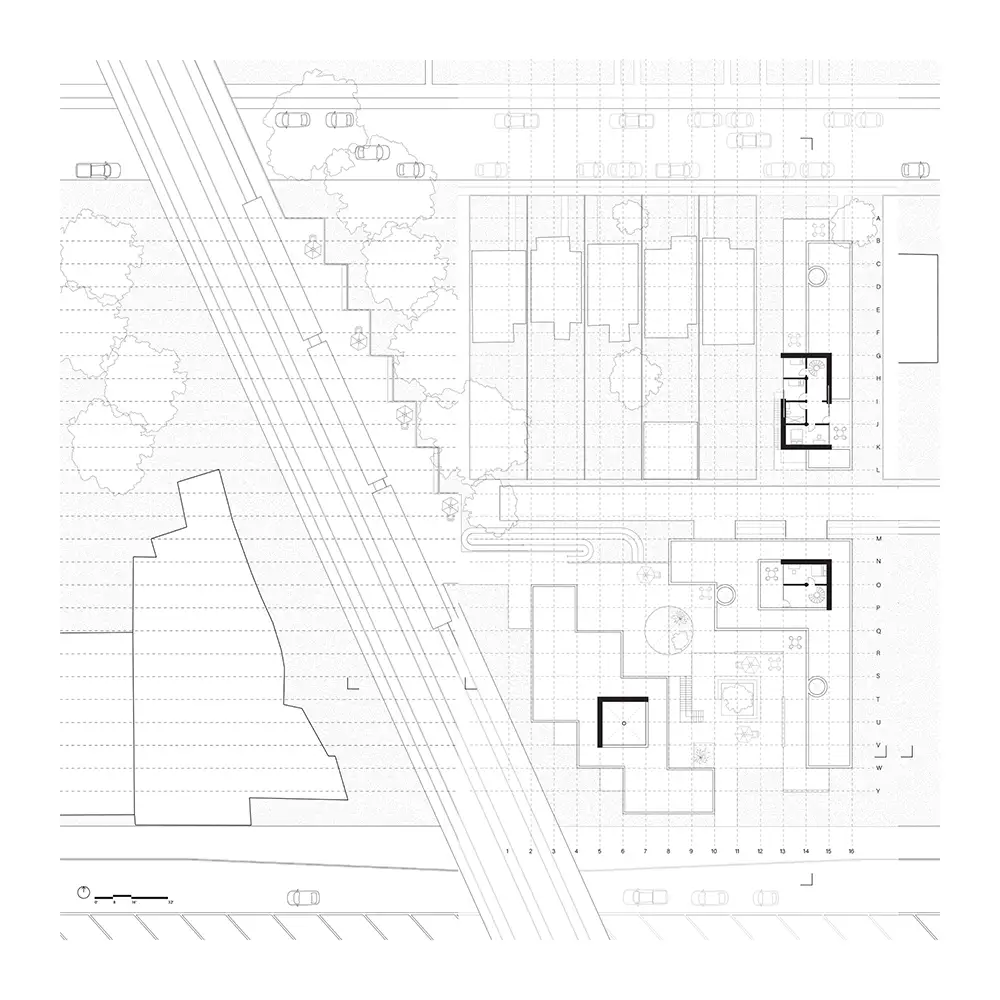 Site plan drawing showing an urban block with streets, cars, trees, and multiple building footprints, with several clustered residential units outlined in bold.