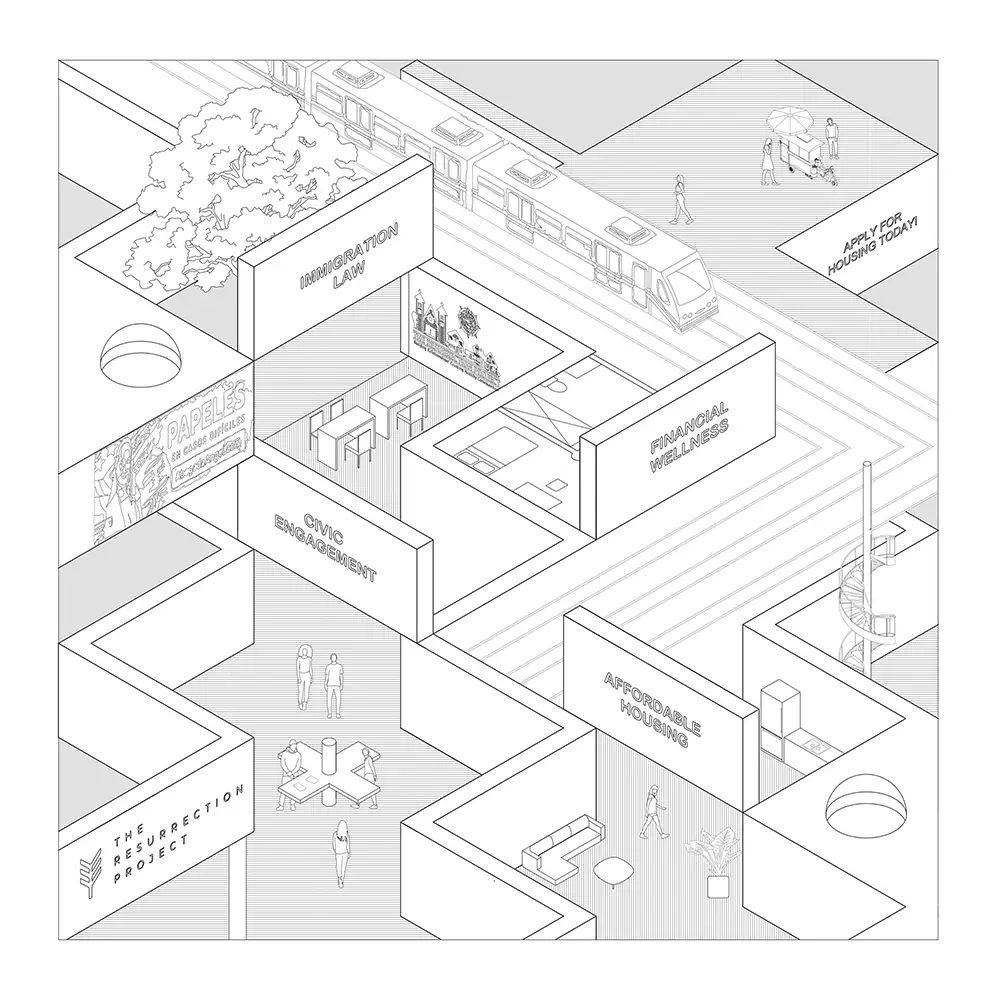 Axonometric diagram of connected community spaces labeled immigration law, civic engagement, financial wellness, and affordable housing near a train platform.