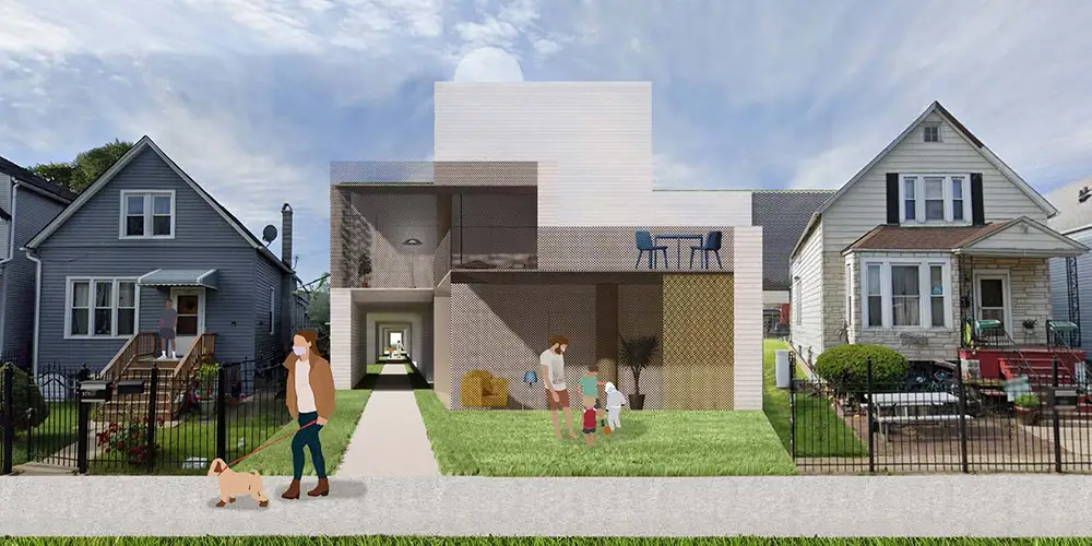 Rendered streetscape showing a contemporary two‑story house inserted between older homes, with a recessed entry, porch, lawn, and people on the sidewalk.