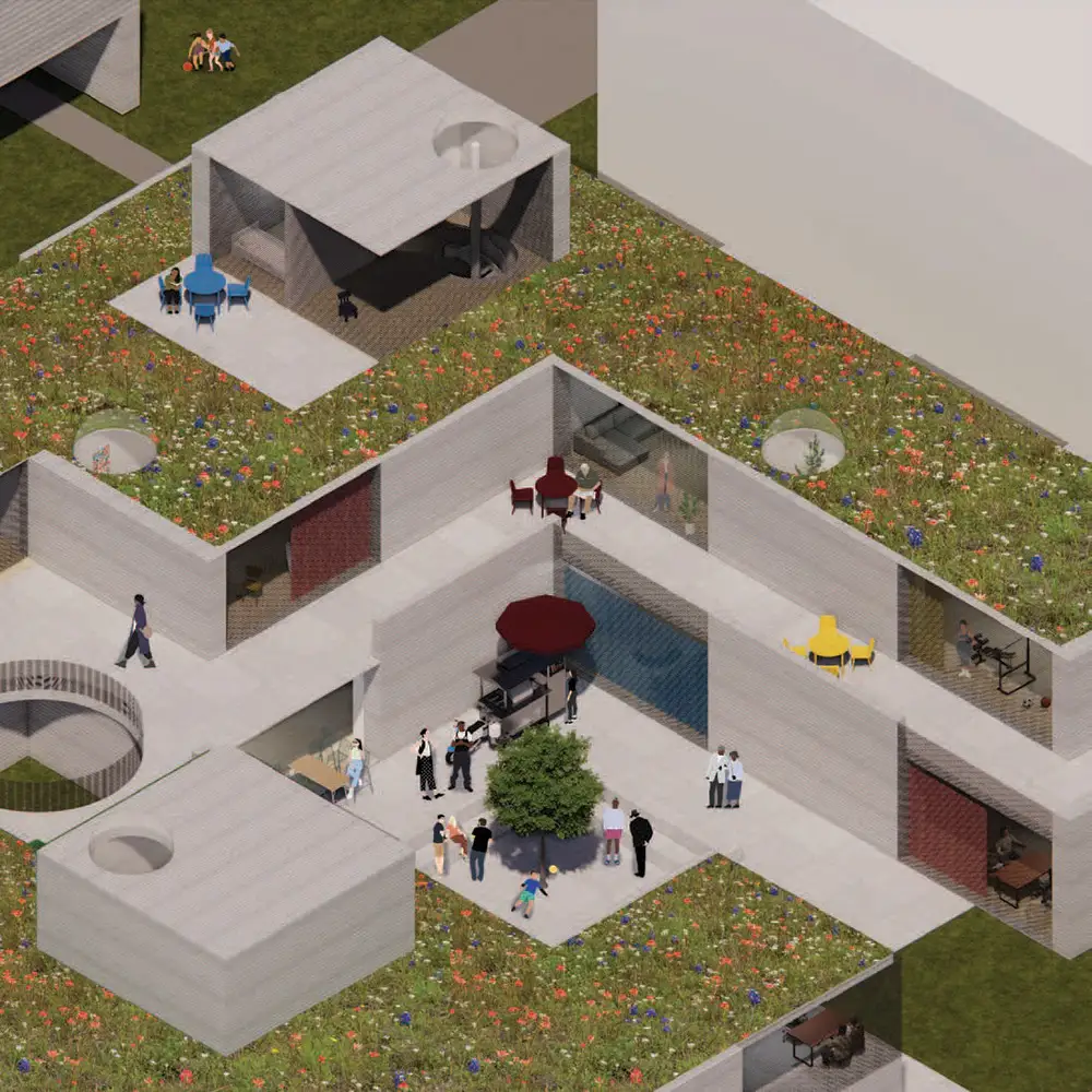 Axonometric rendering of interconnected concrete courtyard spaces with green roofs, seating areas, ramps, and people gathering around a sunken central plaza.