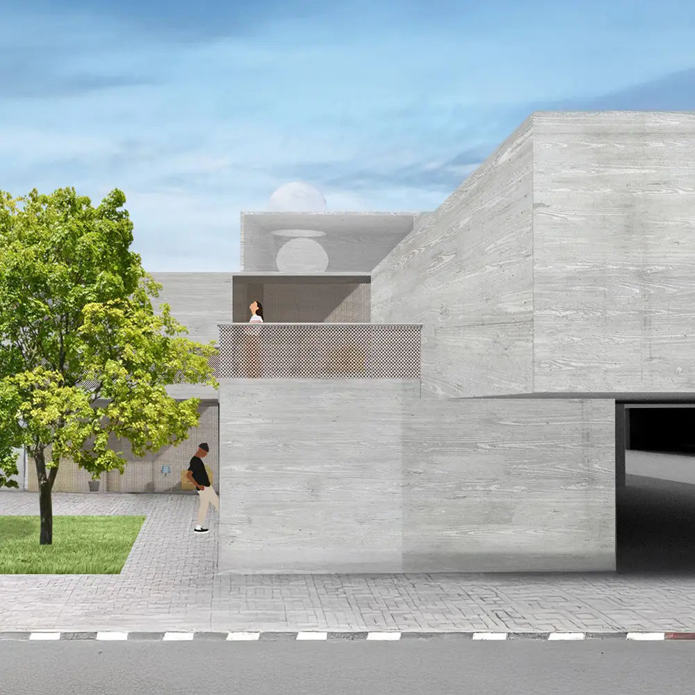 Exterior rendering of a modern concrete building with stepped volumes, a small balcony, recessed entry, sidewalk, trees, and people moving through the site.