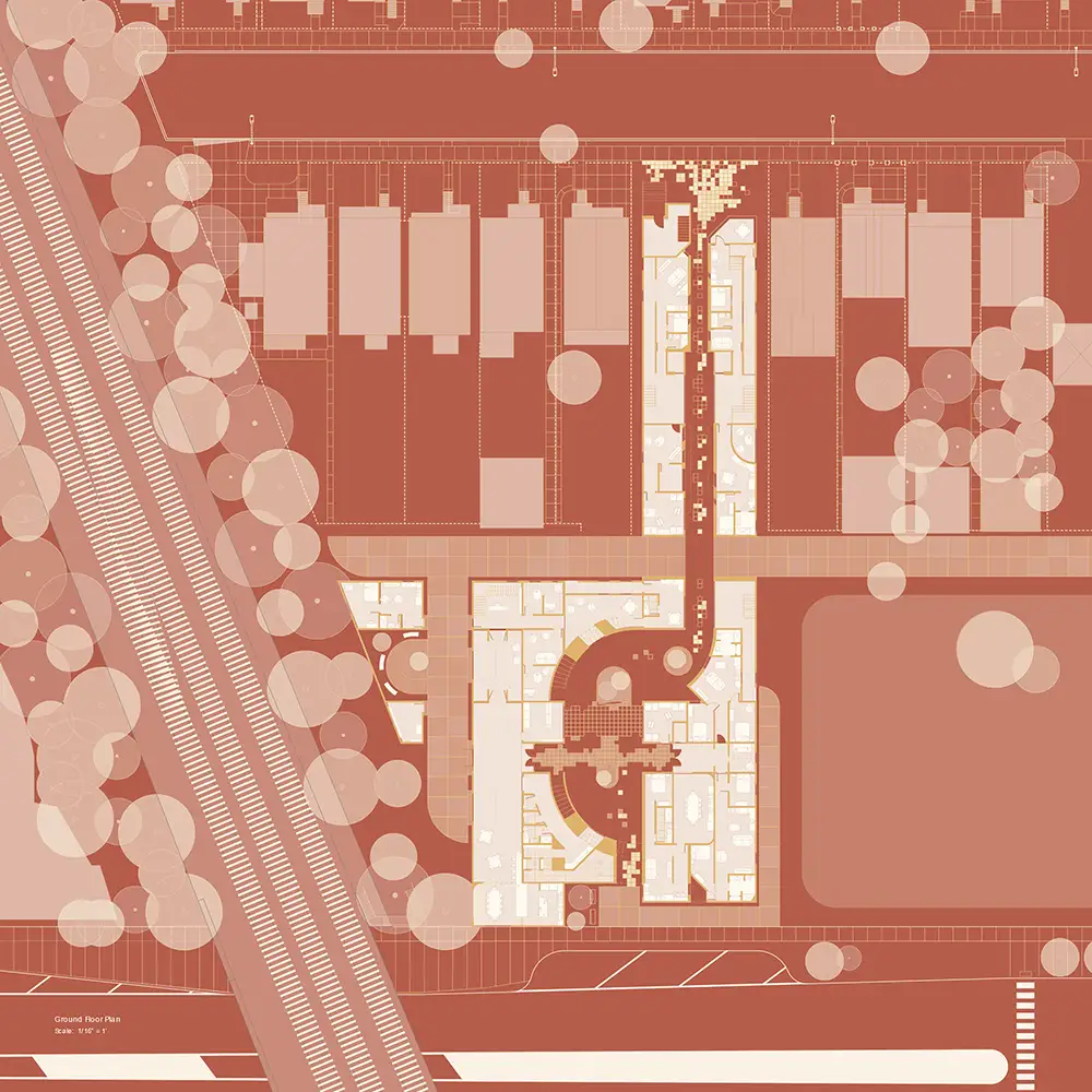 Overhead site plan in red tones showing a housing complex with a curved central path, clustered buildings, streets, trees, and a rail corridor nearby.