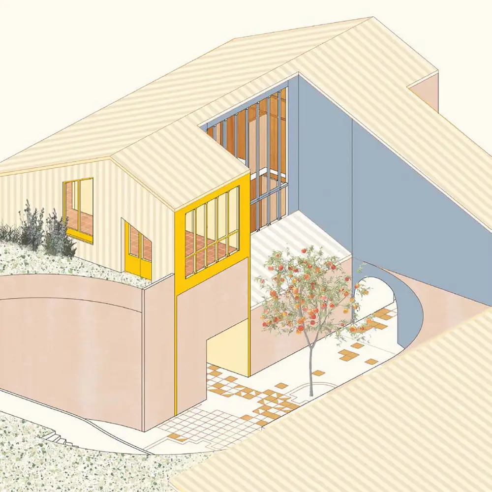 Axonometric architectural illustration of a house with a folded roof, colorful interior walls, courtyard tree, tiled floor, and arched passage.