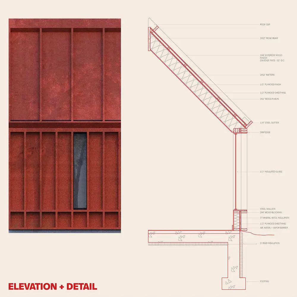 Elevation and wall section detail showing a red slatted façade alongside a sloped roof assembly, with labeled materials and construction layers.