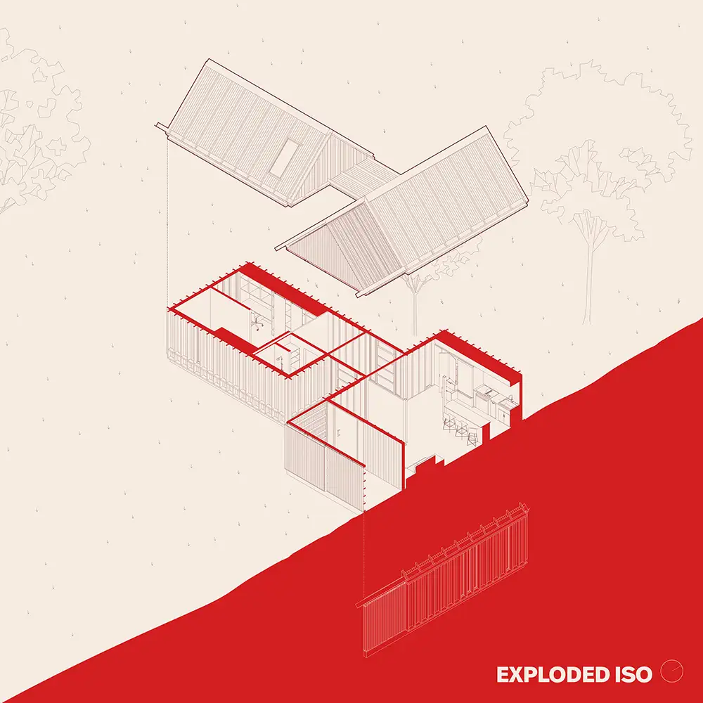 Exploded axonometric diagram of a small building showing roof panels, walls, and interior rooms separated vertically, with red highlights and minimal landscape context.