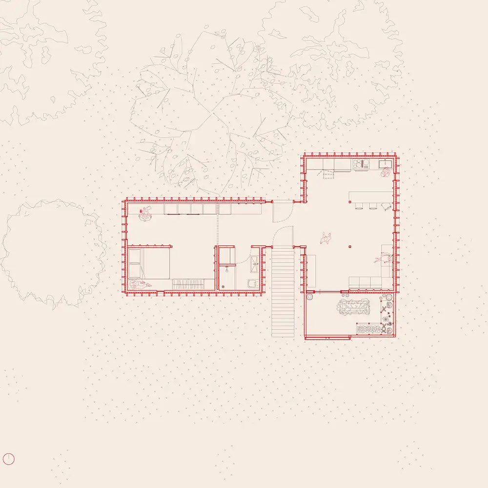 Architectural floor plan outlined in red showing linked residential spaces, stairs, kitchen, bedroom, and living areas set among trees and a lightly dotted landscape.