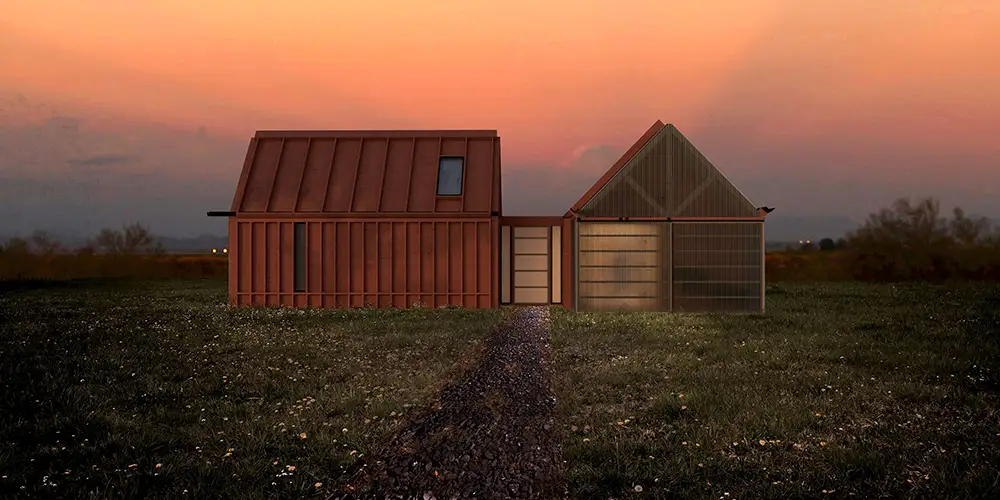 Exterior rendering of two small modern buildings with pitched roofs and vertical cladding, set in a grassy field at sunset with a central path.