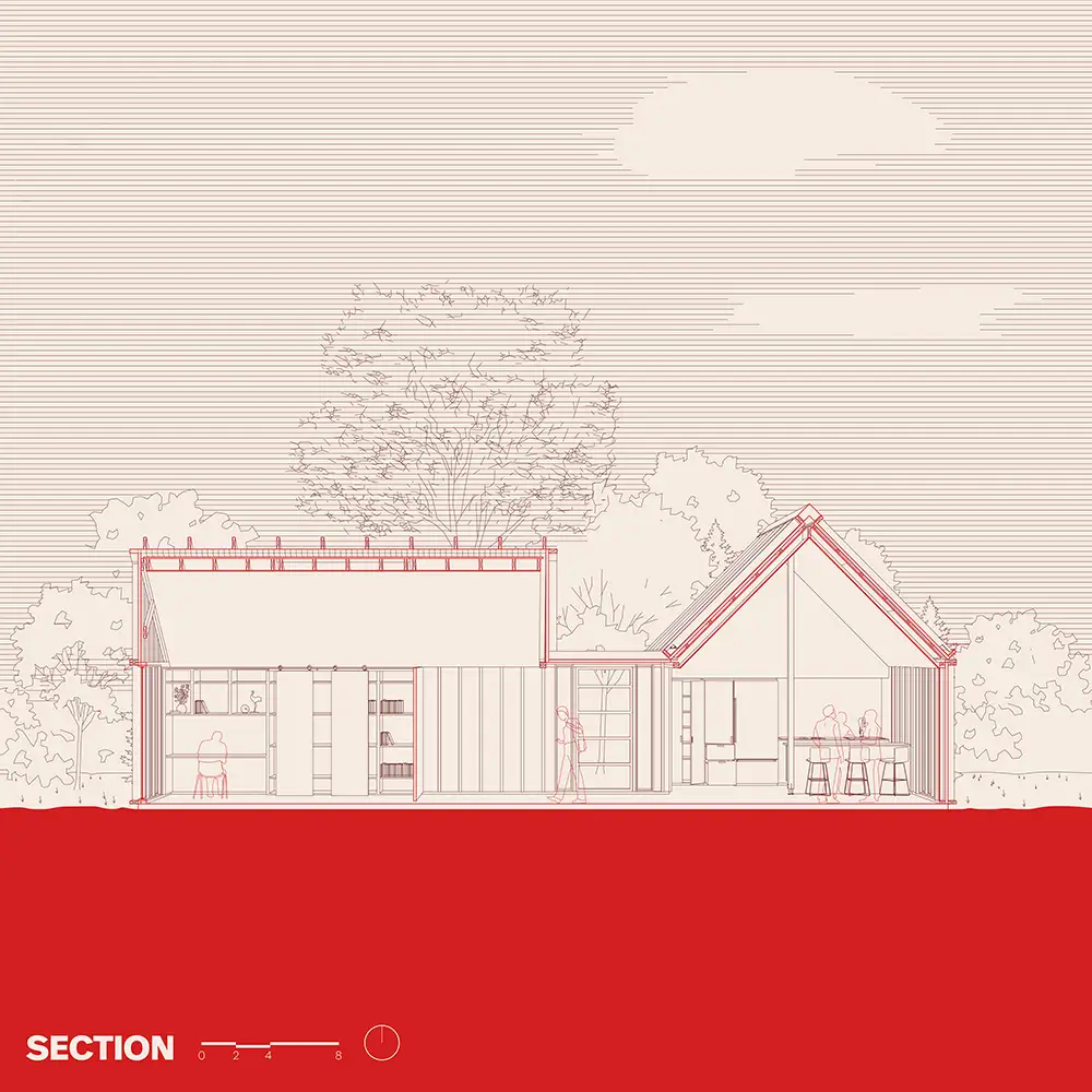 Architectural section drawing of a single‑story dwelling with a flat roof and pitched roof volumes, showing interior rooms, people for scale, and trees behind.