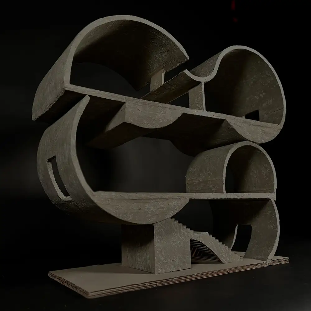 Abstract architectural model with stacked, curved concrete-like forms and internal platforms, shown in section on a small base against a dark background.