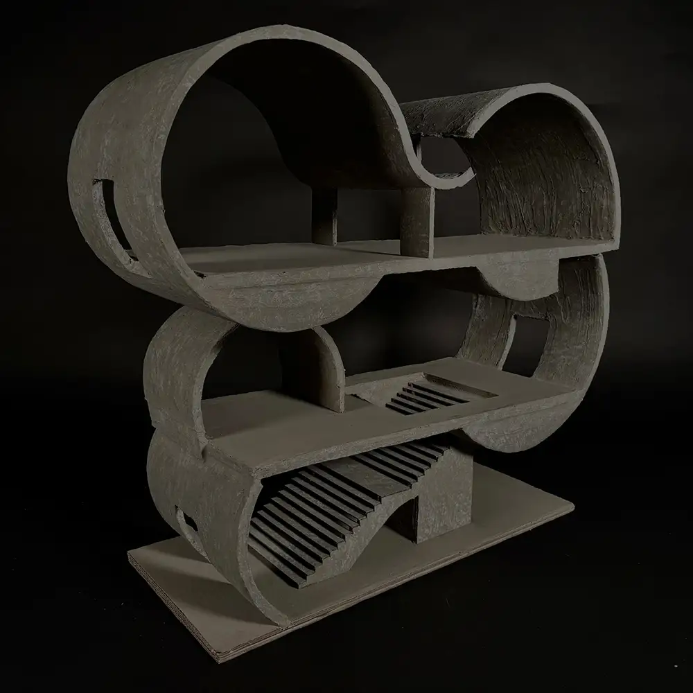Abstract architectural model with stacked, curved concrete-like forms and internal platforms, shown in section on a small base against a dark background.