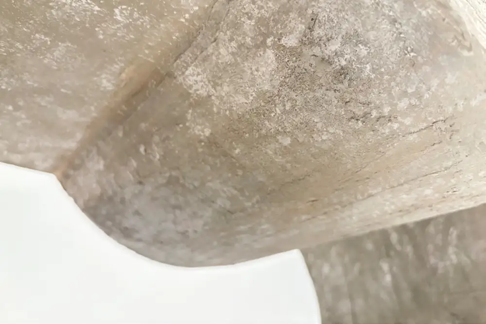 Extreme close-up of a rough, concrete-like architectural model surface, showing curved edges and textured material against a light background.