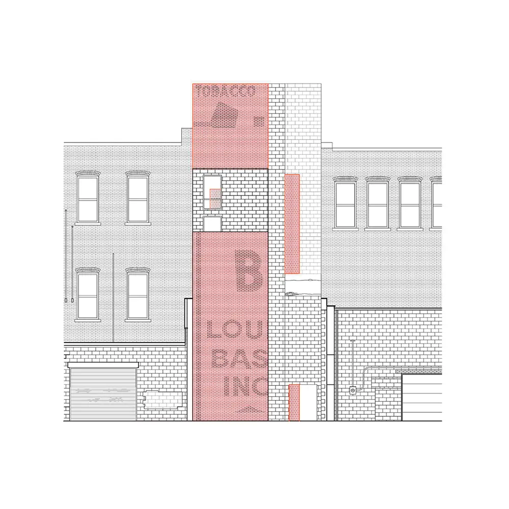 Architectural elevation of a brick building facade with a narrow central vertical addition highlighted in red, revealing restored signage and new openings.