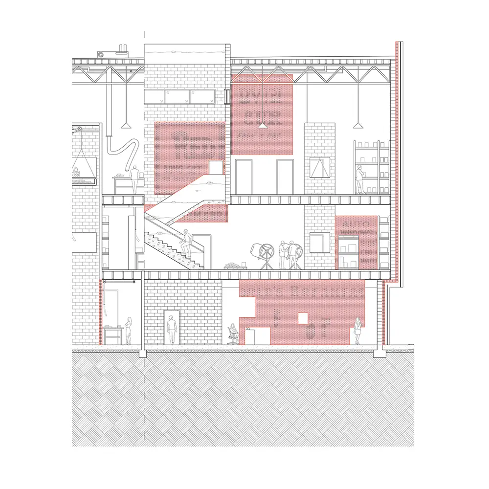 Section drawing of a multi‑level brick building interior, with stairs, rooms, and structural elements, and select walls and floors highlighted in red.