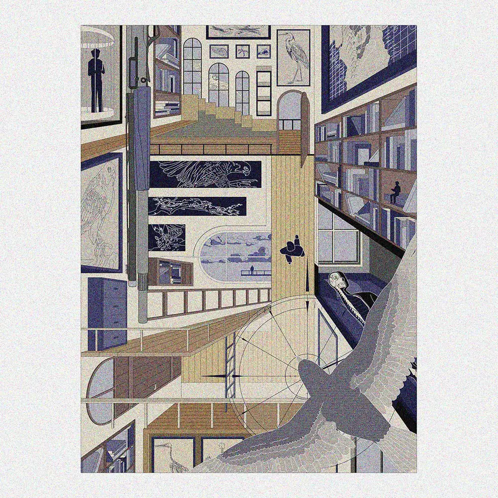 Illustrated interior scene showing a multi‑level library or study with stairs, bookshelves, framed art, and a large bird in the foreground.