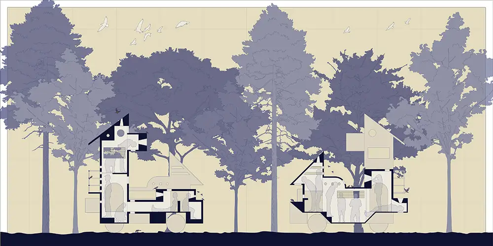 Section illustration showing two small, wheeled bird‑inspired structures cut open, revealing interior spaces with people, set against a forest of tall trees.