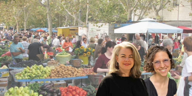 Photo collage of the two speakers with an outdoor market in the background.