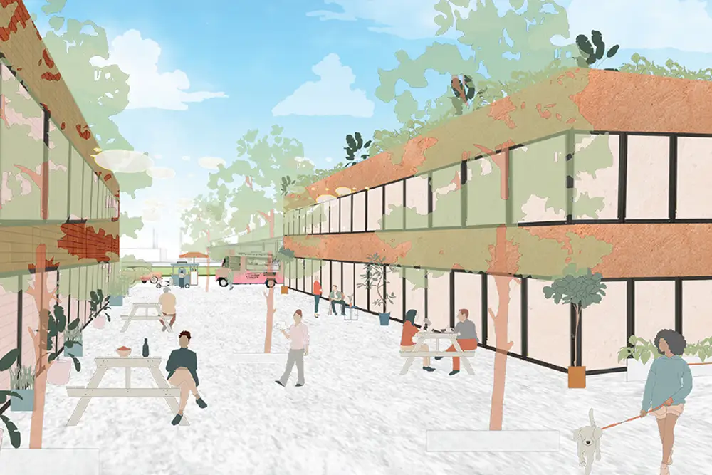 Street-level view of people walking and sitting between two market buildings with trees and seating areas.