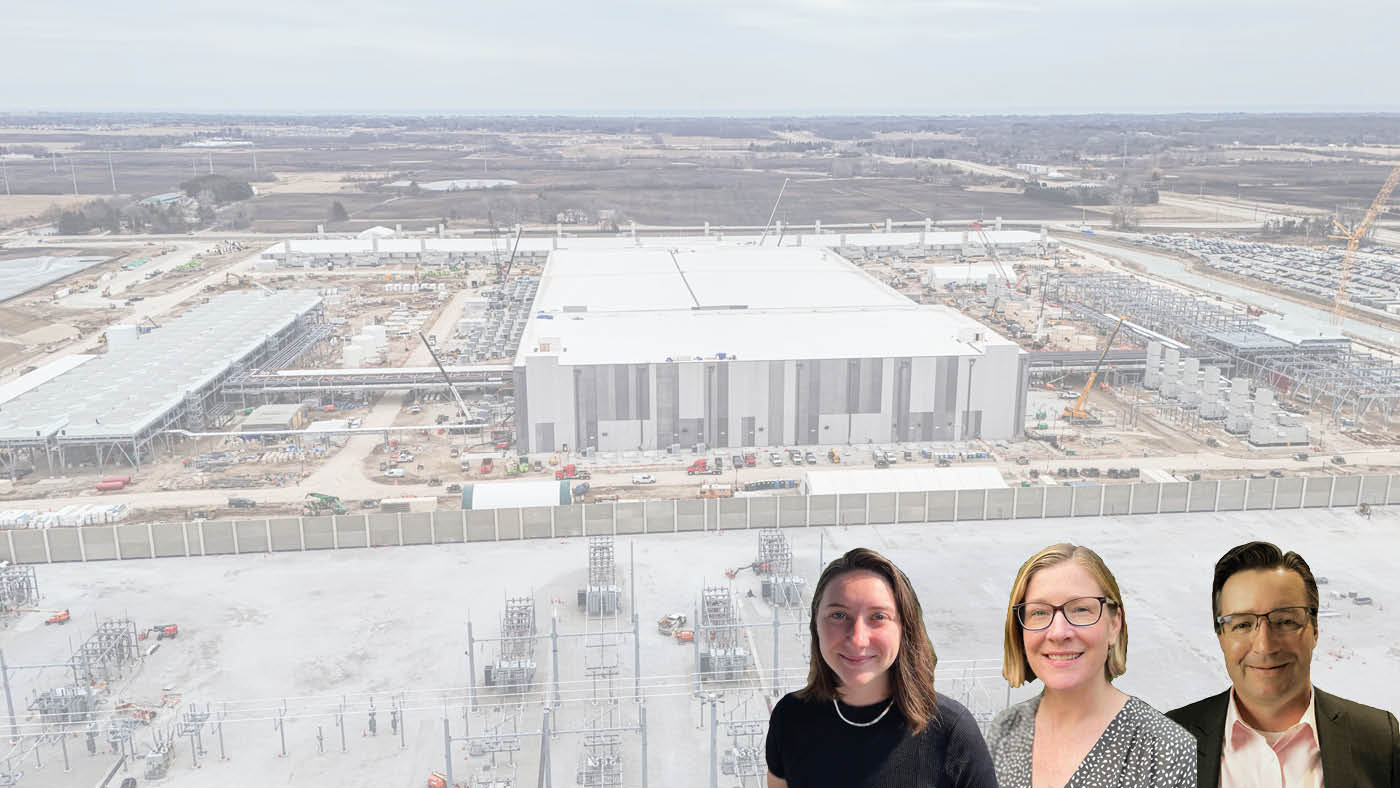 Headshots of the speakers with a data center in the background.